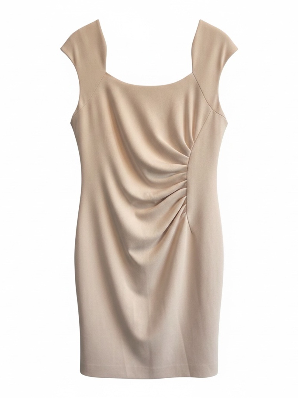 Calvin Klein Size 14 Beige Ruched Sheath Dress Cap Sleeve Work Career Midi